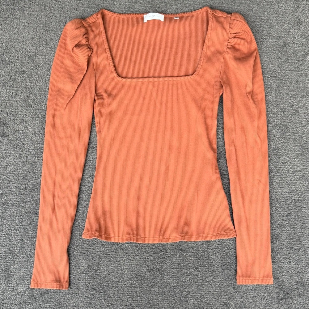 7 For All Mankind Rust Orange Ribbed Puff Sleeve Square Neck Top 7N258C61 Small